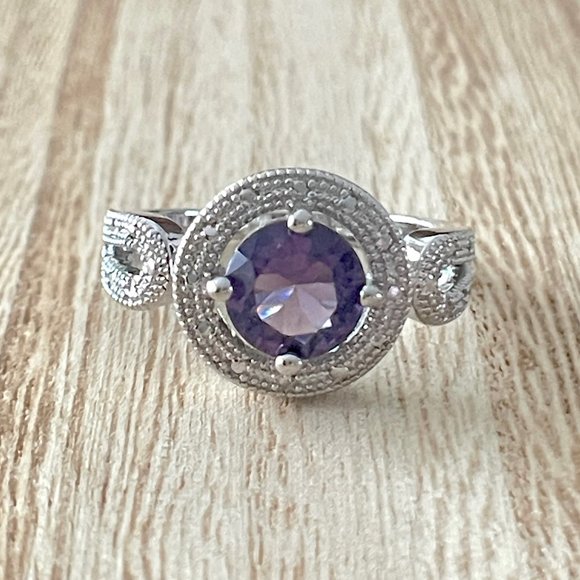 Round Simulated Amethyst Halo Ring w/ Looping Split Shank - 925 Sterling Silver - Picture 1 of 5